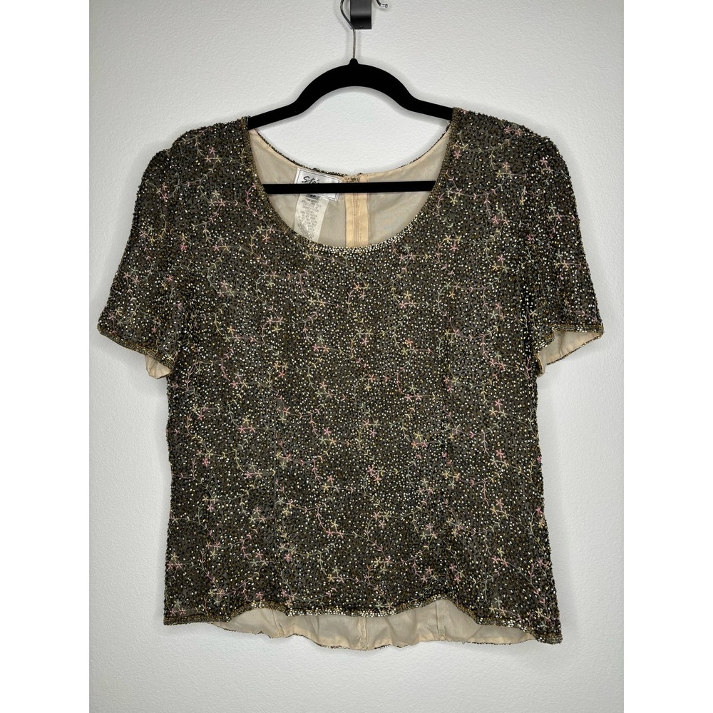 Sténay Petite Silk beaded & embroidered short sleeve blouse